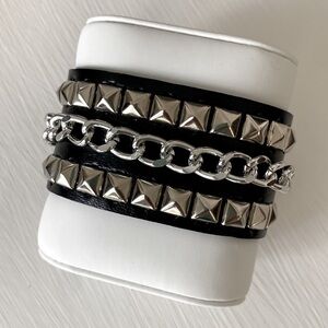 Black and Silver Edgy Studded Leather Snap Rocker Rebel Goth Concert Bracelet